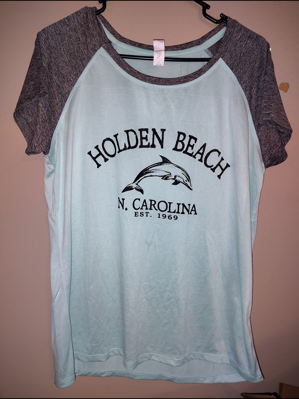 Holden Beach N. Carolina Light Blue Raglan Tee with Heather Gray Sleeves
